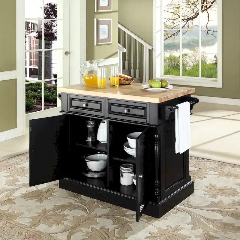 Crosley Oxford Butcher Block Top Kitchen Island in Black Finish - 23  d x 47.75  w x 35.75  h