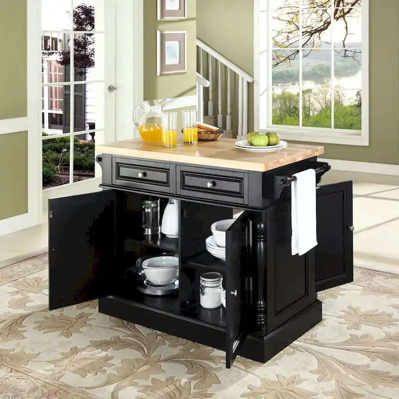 Crosley Oxford Butcher Block Top Kitchen Island in Black Finish - 23  d x 47.75  w x 35.75  h
