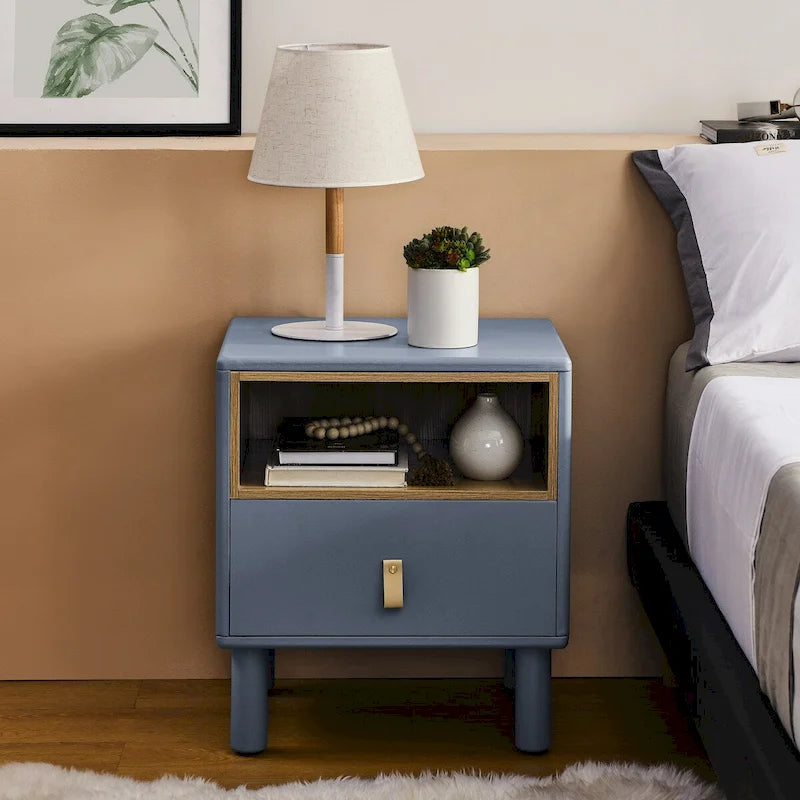 Modern 1-Drawer Wood Nightstand Small Side Table with Open Shelf Leather Handles Nordic Bedside Table