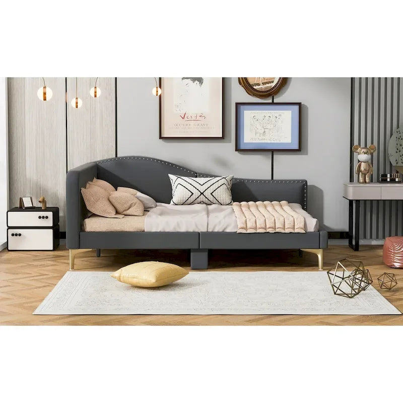 Full/Twin Size Upholstered Daybed with Headboard and Armrest, Support Legs, Full/Twin Size Bed