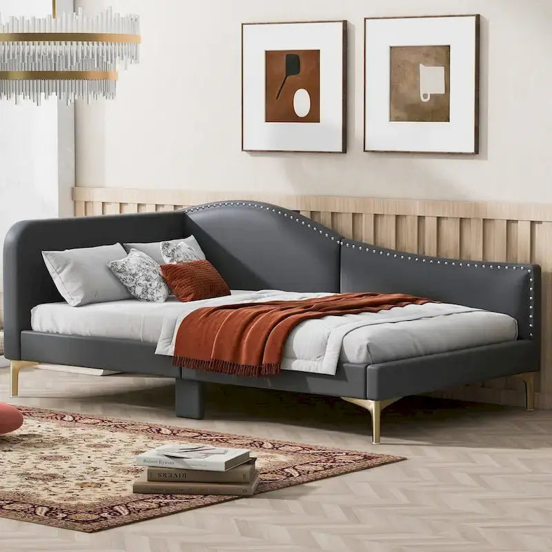 Full/Twin Size Upholstered Daybed with Headboard and Armrest, Support Legs, Full/Twin Size Bed