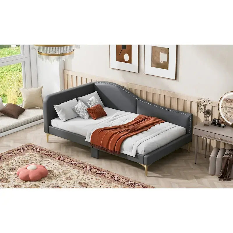 Full/Twin Size Upholstered Daybed with Headboard and Armrest, Support Legs, Full/Twin Size Bed