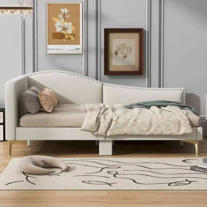 Full/Twin Size Upholstered Daybed with Headboard and Armrest, Support Legs, Full/Twin Size Bed