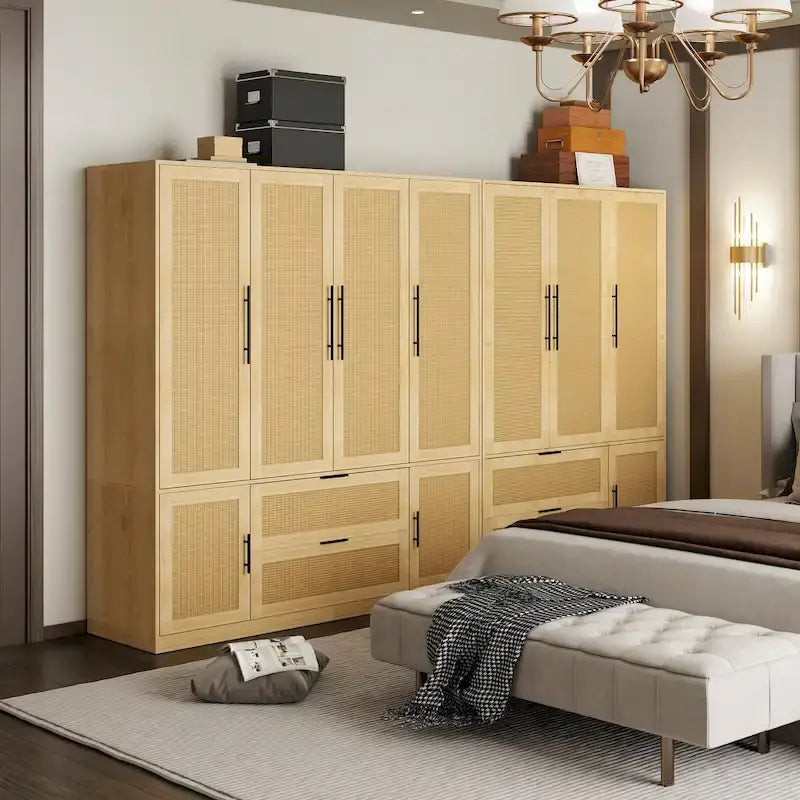 110  W Rattan Style Family Wardrobe Armoire Closet Storage Set - N/A