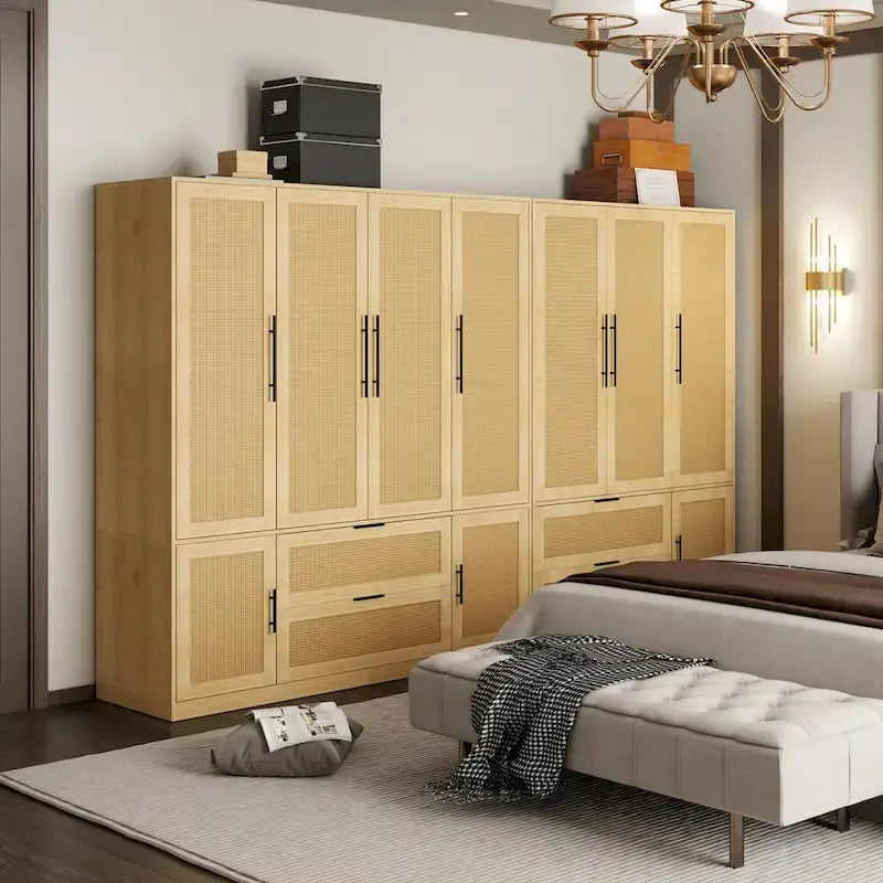 110  W Rattan Style Family Wardrobe Armoire Closet Storage Set - N/A