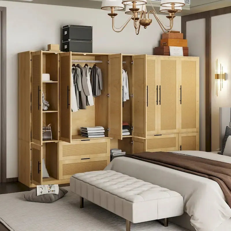 110  W Rattan Style Family Wardrobe Armoire Closet Storage Set - N/A