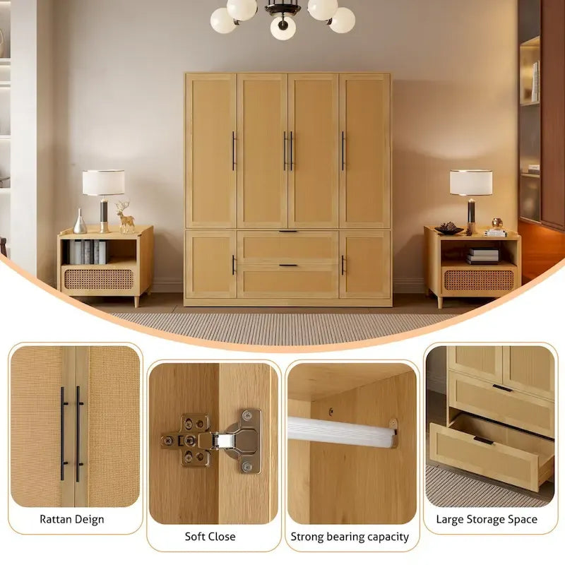 110  W Rattan Style Family Wardrobe Armoire Closet Storage Set - N/A