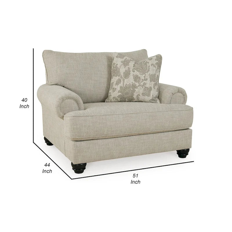 Asen 51 Inch Wide Oversized Chair, 1 Pillow, Rolled Arms, Beige Polyester