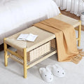 Boho Farmhouse Solid Wood Entryway Shoe Bench with Hand Woven Rope Design and Two Baskets, Natural End To Bed Bench