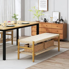 Boho Farmhouse Solid Wood Entryway Shoe Bench with Hand Woven Rope Design and Two Baskets, Natural End To Bed Bench