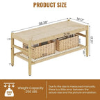 Boho Farmhouse Solid Wood Entryway Shoe Bench with Hand Woven Rope Design and Two Baskets, Natural End To Bed Bench