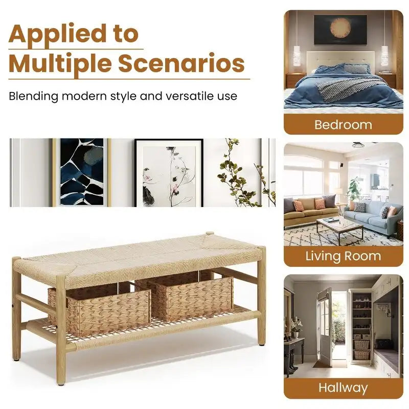 Boho Farmhouse Solid Wood Entryway Shoe Bench with Hand Woven Rope Design and Two Baskets, Natural End To Bed Bench