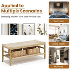 Boho Farmhouse Solid Wood Entryway Shoe Bench with Hand Woven Rope Design and Two Baskets, Natural End To Bed Bench