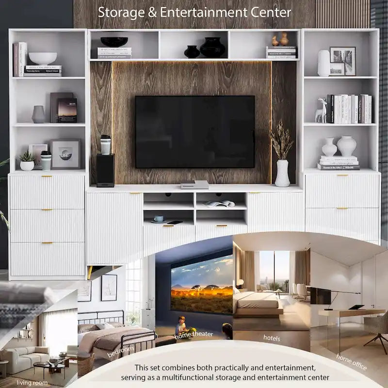 4-Piece Entertainment Wall Unit with 13 Shelves, 8 Drawers, and 2 Cabinets