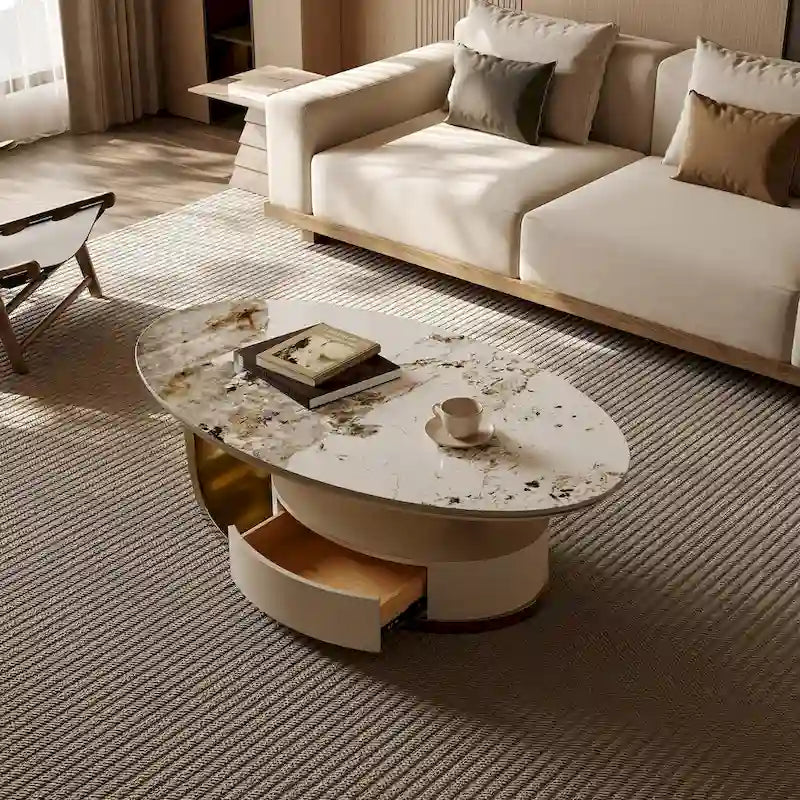 51   Modern Oval Coffee Table, Sintered Stone Top, Gold legs, Drawer - 51.2   X 27.5