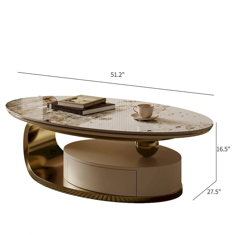 51   Modern Oval Coffee Table, Sintered Stone Top, Gold legs, Drawer - 51.2   X 27.5