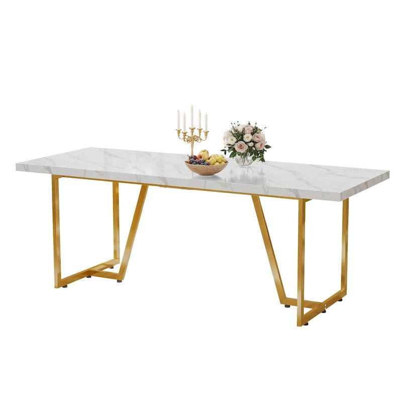 Moasis 82   Large Dining Table for 6-8 People with Faux Marble Tabletop and Metal Legs