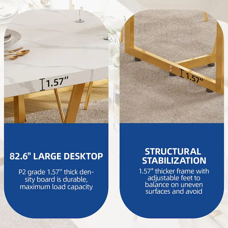 Moasis 82   Large Dining Table for 6-8 People with Faux Marble Tabletop and Metal Legs