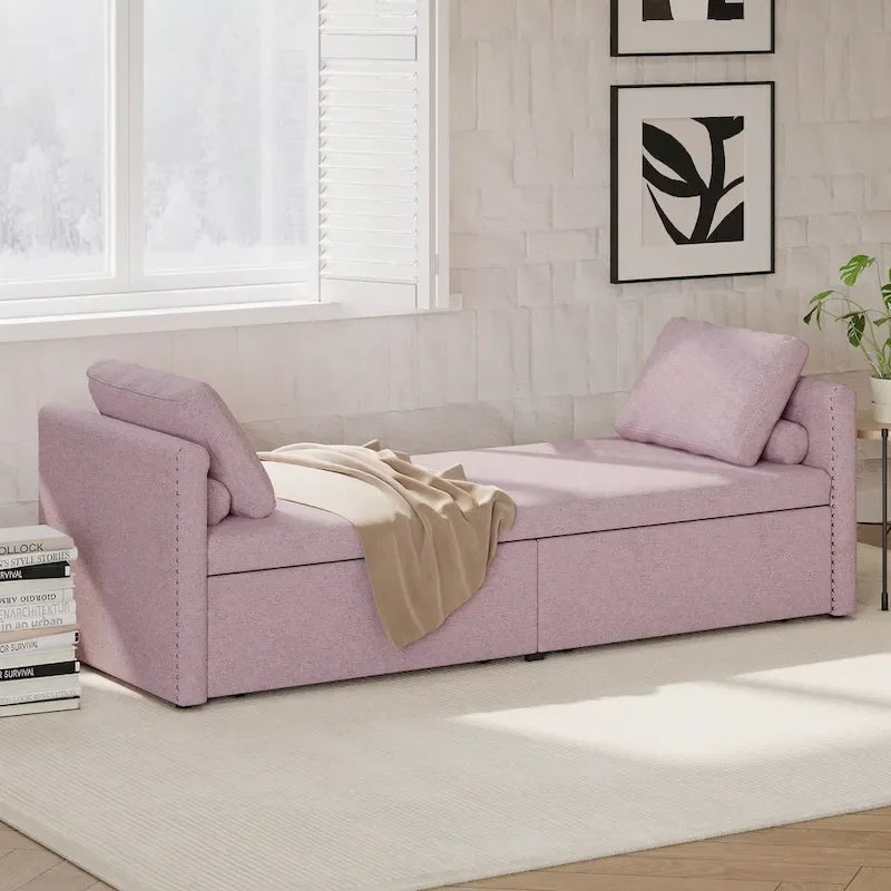 Modern Upholstered Chaise Lounger Daybed Small Single Daybed with 2 Drawers for Living Rooms