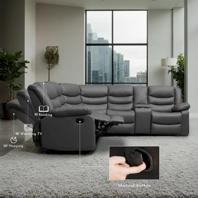106   Manual Reclining Modular Sectional Couch with 1 Console & 2 Cup Holders, Living Room/Office