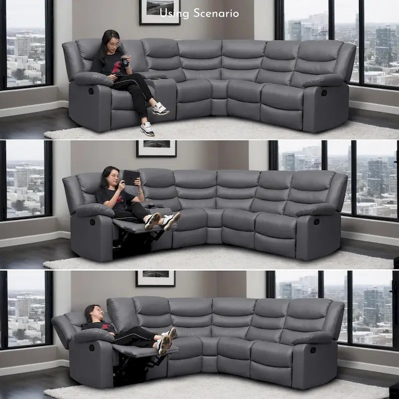 106   Manual Reclining Modular Sectional Couch with 1 Console & 2 Cup Holders, Living Room/Office
