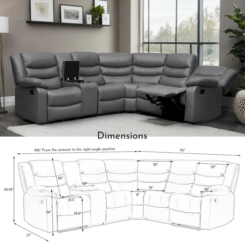 106   Manual Reclining Modular Sectional Couch with 1 Console & 2 Cup Holders, Living Room/Office