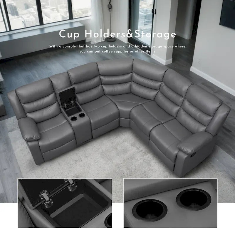 106   Manual Reclining Modular Sectional Couch with 1 Console & 2 Cup Holders, Living Room/Office
