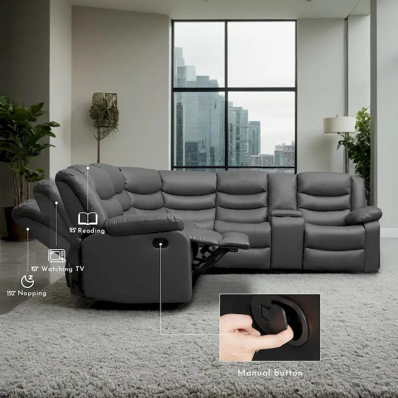 106   Manual Reclining Modular Sectional Couch with 1 Console & 2 Cup Holders, Living Room/Office