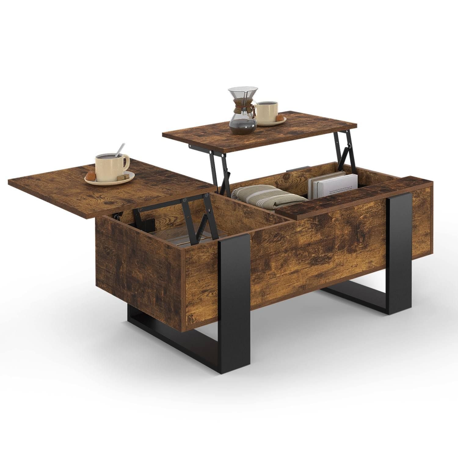 Phoenix coffee table with two lift-tops, aged wood and black finish.