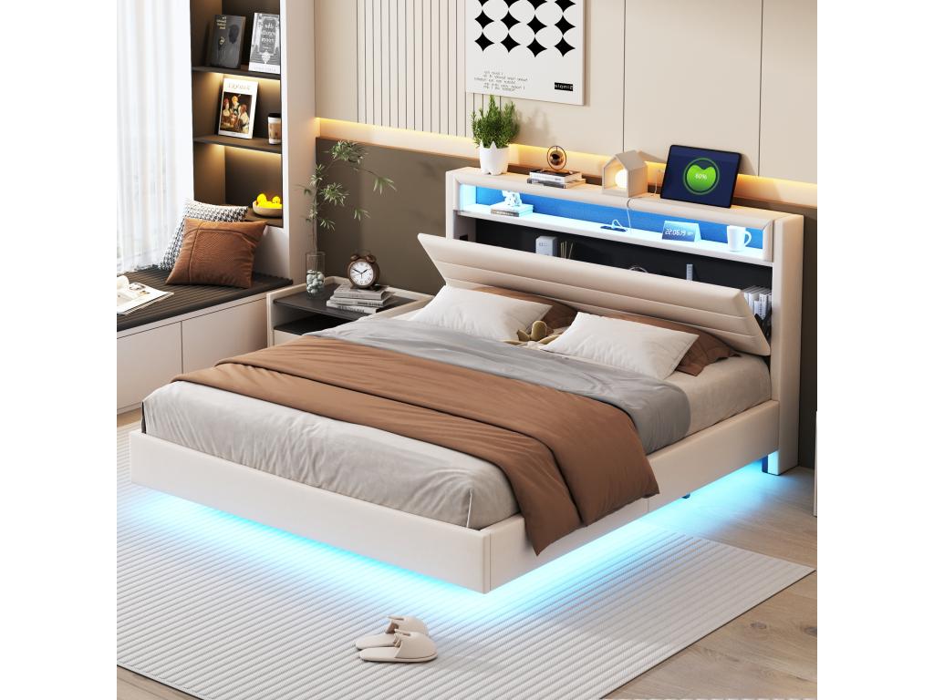 Upholstered bed 160*200 cm with USB port and LED lighting, reversible headboard, invisible footboard, linen fabric, beige (mattress not included)