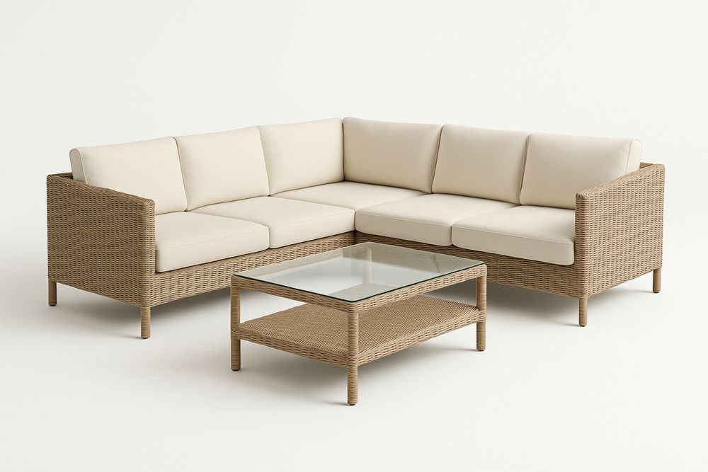 Cream PE rattan corner sofa with glass coffee table