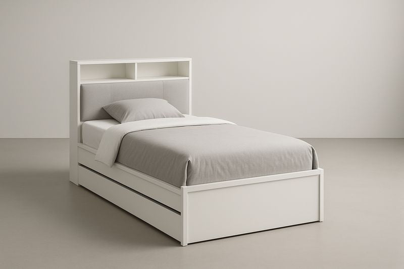Single bed with white MDF wood bookcase headboard