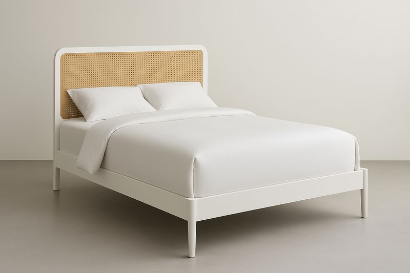 White wooden double bed with cane headboard