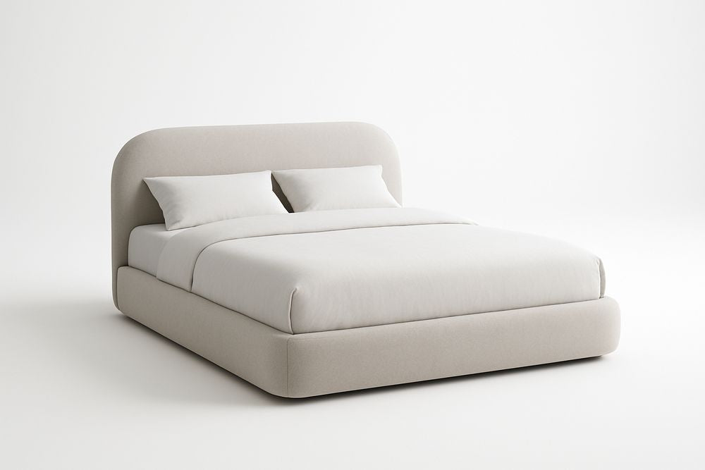 Double bed in beige fabric with a rounded headboard