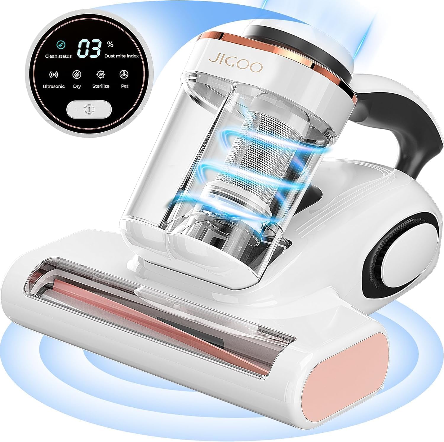 JIGOO J300 Anti-Dust Mite Mattress Vacuum Cleaner with Dust Mite Sensor and Smart Digital Display, 500W Sofa Vacuum Cleaner with UV Lamp, for Allergies