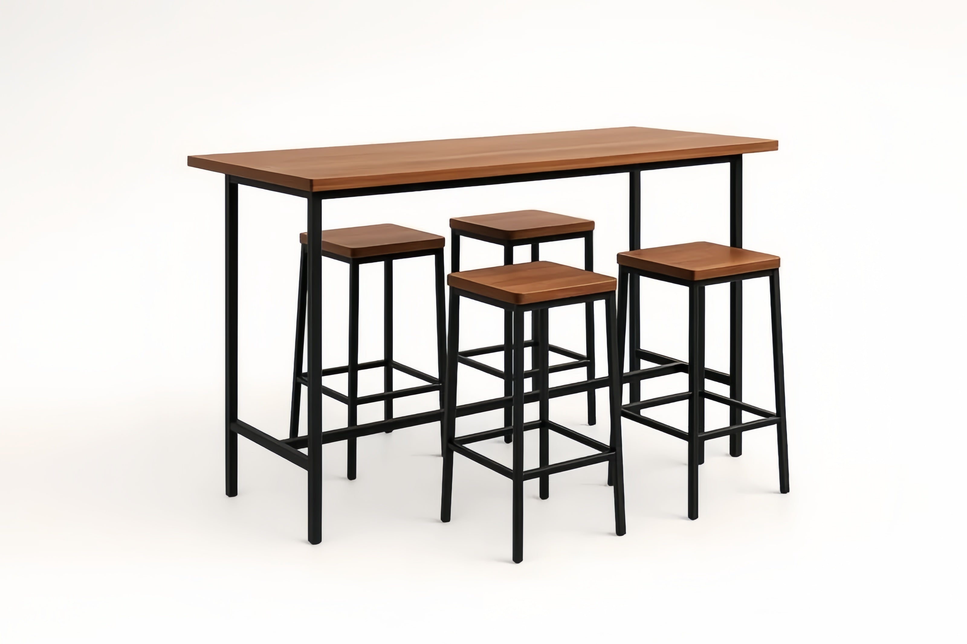 Table and stools set in wood and metal, brown/black