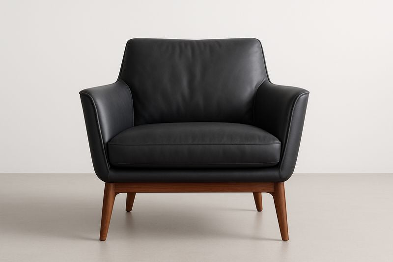 Black Leather Armchair with Wooden Legs
