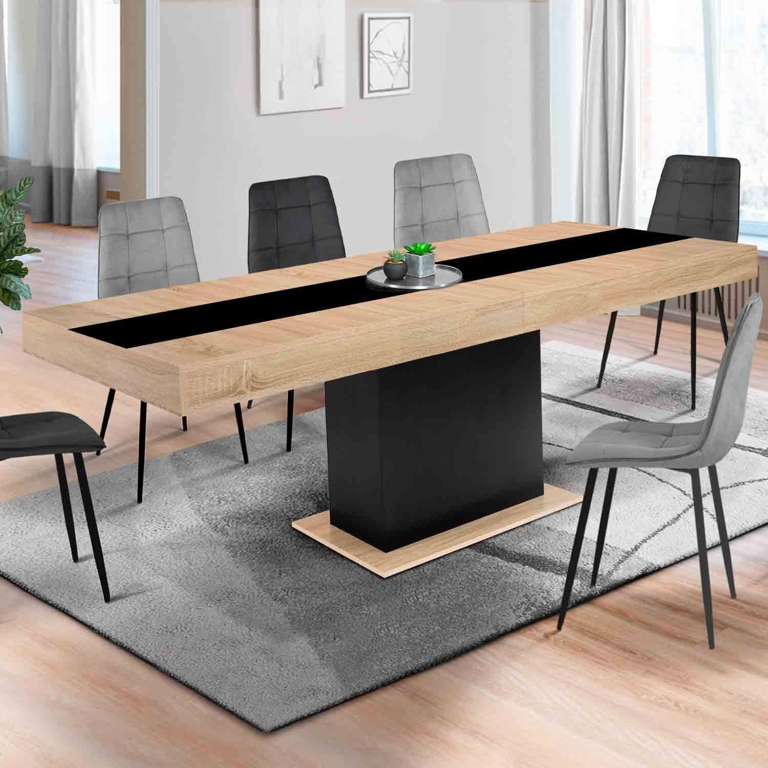 ID Market Extendable Rectangular Dining Table Eden 6-10 Person Wood and Black with Black Central Stripe 160-200 cm