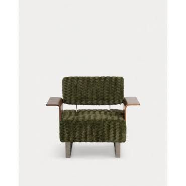the masie Reclining Armchair with Wooden Armrests and 70s Furry Green Fabric Nori