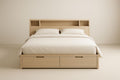 Wooden double bed with storage and shelf headboard