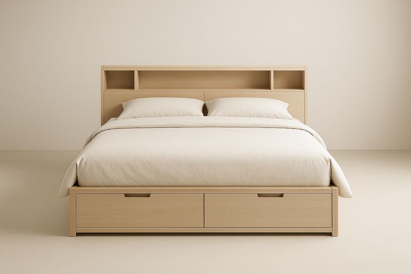 Wooden double bed with storage and shelf headboard