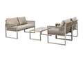 4-seater galvanized iron garden furniture set: 1 sofa, 2 armchairs, 1 glass coffee table - Cushions included - Khaki
