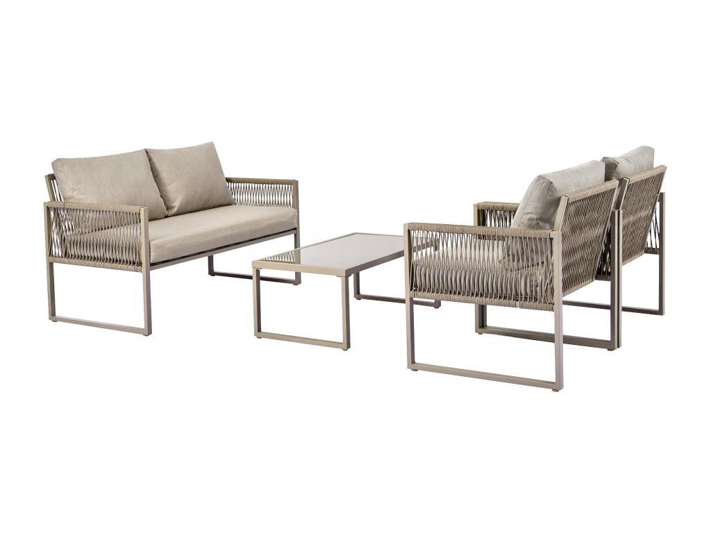 4-seater galvanized iron garden furniture set: 1 sofa, 2 armchairs, 1 glass coffee table - Cushions included - Khaki